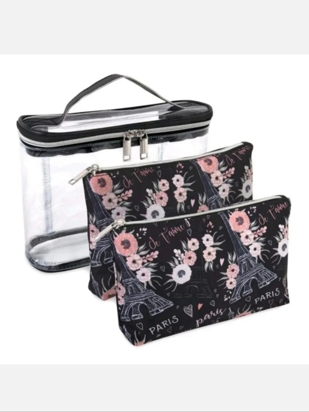Emma & Chloe Travel Black Paris Train Case 3 Piece Set NWT Christmas Gift $21